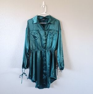 Fashion Nova Angelina Teal Satin Button-Up Shirt Dress